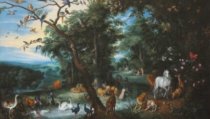 Painting of a beautiful landscape with many animals.
