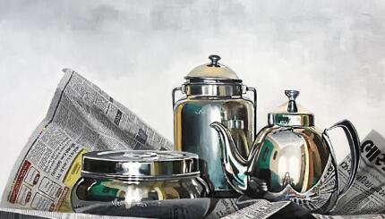 hyper-realistic painting of tea kettle and newspapers