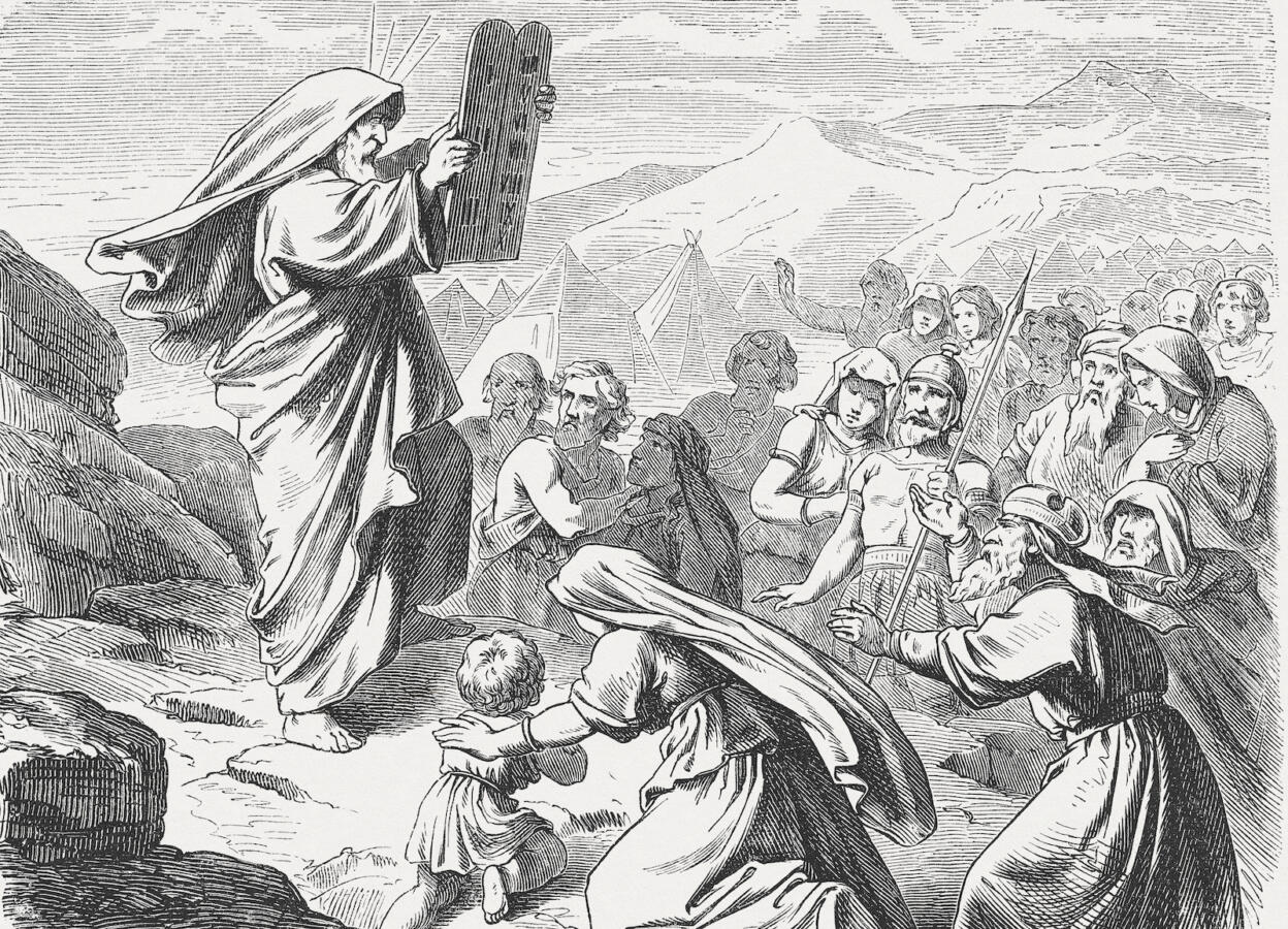 Now when Moses came down from Mount Sinai with the two tablets of the testimony in his hand – when he came down from the mountain, Moses did not know that the skin of his face shone while he talked with him. When Aaron and all the Israelites saw Moses, the skin of his face shone; and they were afraid to approach him. But Moses called to them, so Aaron and all the leaders of the community came back to him, and Moses spoke to them. After this all the Israelites approached, and he commanded them all that the Lord had spoken to him on Mount Sinai. When Moses finished speaking with them, he would put a veil on his face. (Exodus, Chapter 34, 29-33). Woodcut after a drawing by Julius Schnorr von Carolsfeld (German painter, 1794 - 1872) from the "Große Haus-Bilder-Bibel (Large House Pictures Bible)" by Dr. Martin Luther. Published by J. Ebner, Ulm (1877)