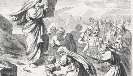 Now when Moses came down from Mount Sinai with the two tablets of the testimony in his hand – when he came down from the mountain, Moses did not know that the skin of his face shone while he talked with him. When Aaron and all the Israelites saw Moses, the skin of his face shone; and they were afraid to approach him. But Moses called to them, so Aaron and all the leaders of the community came back to him, and Moses spoke to them. After this all the Israelites approached, and he commanded them all that the Lord had spoken to him on Mount Sinai. When Moses finished speaking with them, he would put a veil on his face. (Exodus, Chapter 34, 29-33). Woodcut after a drawing by Julius Schnorr von Carolsfeld (German painter, 1794 - 1872) from the "Große Haus-Bilder-Bibel (Large House Pictures Bible)" by Dr. Martin Luther. Published by J. Ebner, Ulm (1877)