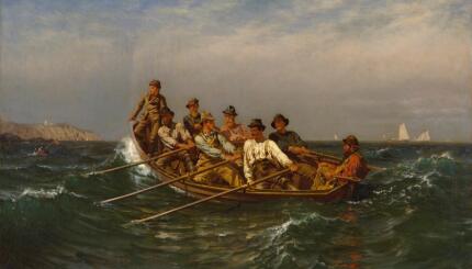 painting of men rowing a boat