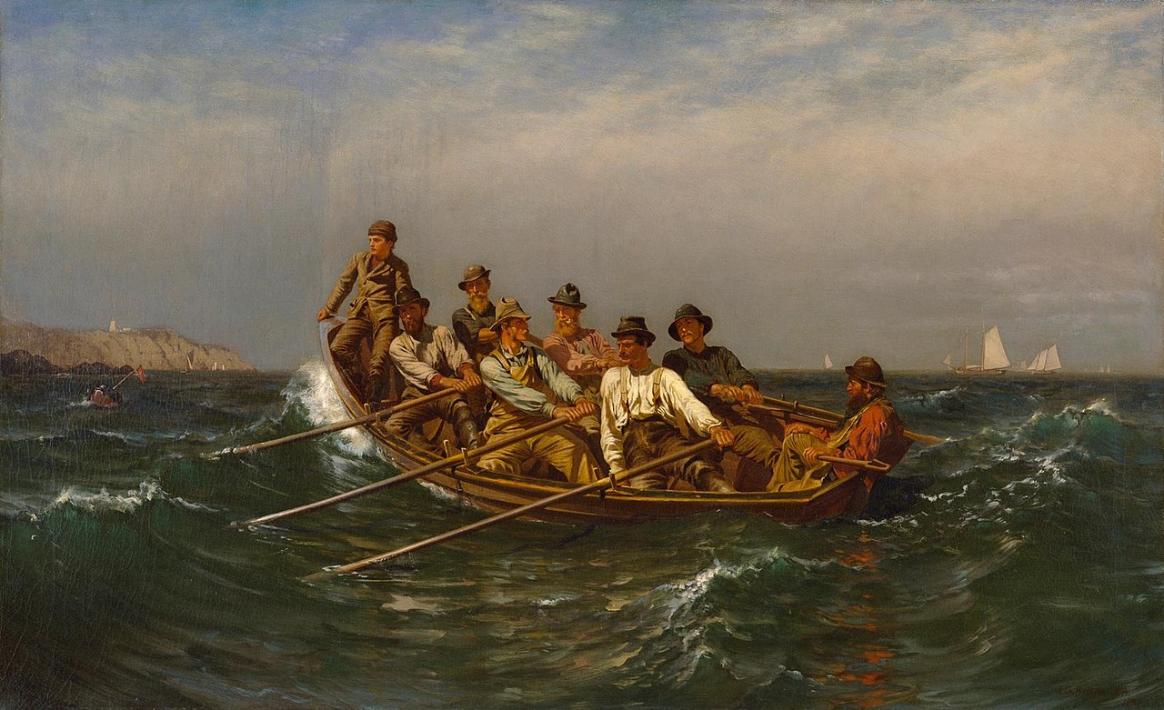 painting of men rowing a boat