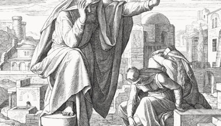 The lament of the prophet Jeremiah (Lamentations 1, 1 - 2). Wood engraving by Julius Schnorr von Carolsfeld (German painter, 1794 - 1872) from the pictures folder "Die Bibel in Bildern (The Bible in pictures) by Julius Schnorr von Carolsfeld", published by Georg Wigand, Leipzig in 1860.