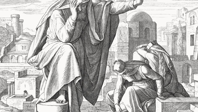 The lament of the prophet Jeremiah (Lamentations 1, 1 - 2). Wood engraving by Julius Schnorr von Carolsfeld (German painter, 1794 - 1872) from the pictures folder "Die Bibel in Bildern (The Bible in pictures) by Julius Schnorr von Carolsfeld", published by Georg Wigand, Leipzig in 1860.