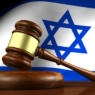 Israel law, legal system and justice concept with a 3d render of a gavel on a wooden desktop and the Israeli flag on background.