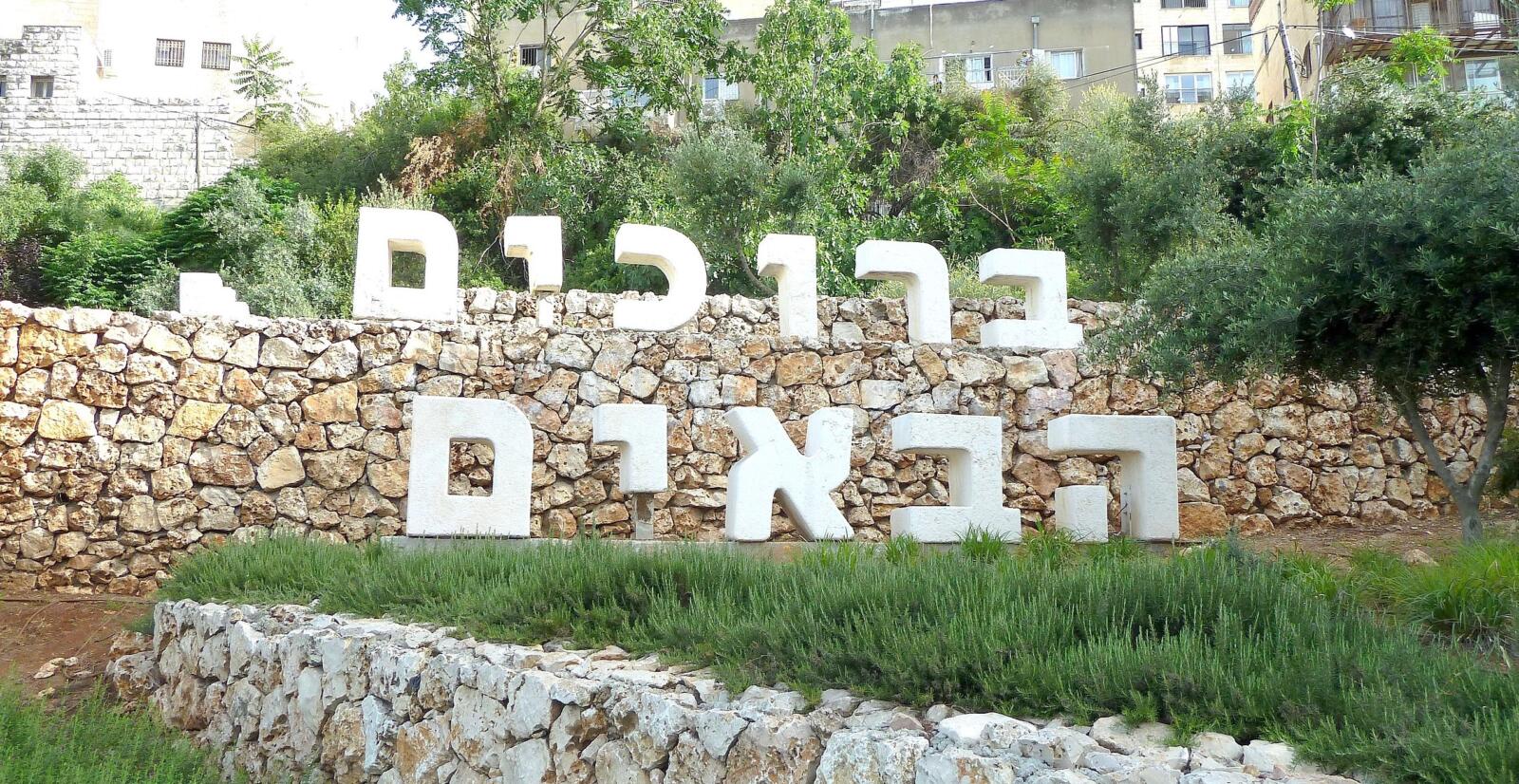 Photograph of a grassy hill with large white Hebrew letters.