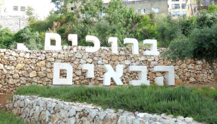 Photograph of a grassy hill with large white Hebrew letters.