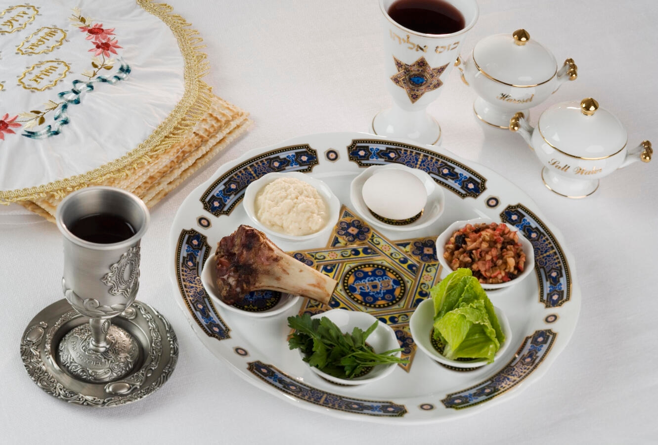 photo of traditional items on a seder table