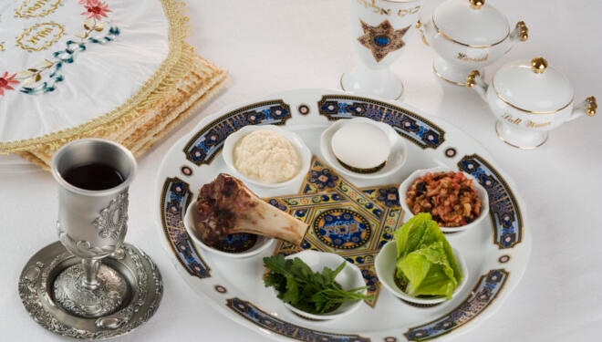 photo of traditional items on a seder table