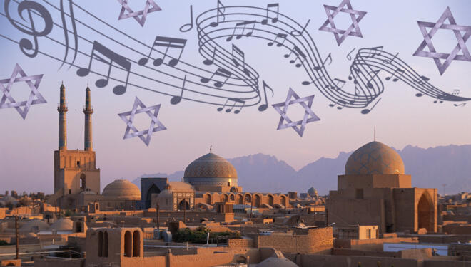 image of iranian skyline with musical notes and jewish stars