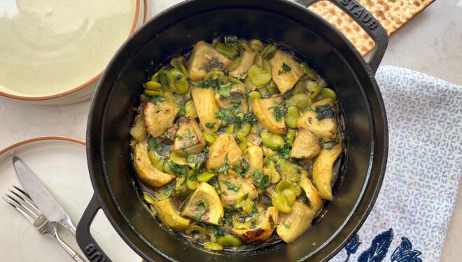 Easy Moroccan lamb tagine for Passover with artichokes and fava beans.