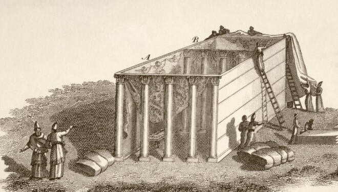 engraving of an elaborate tent in the desert