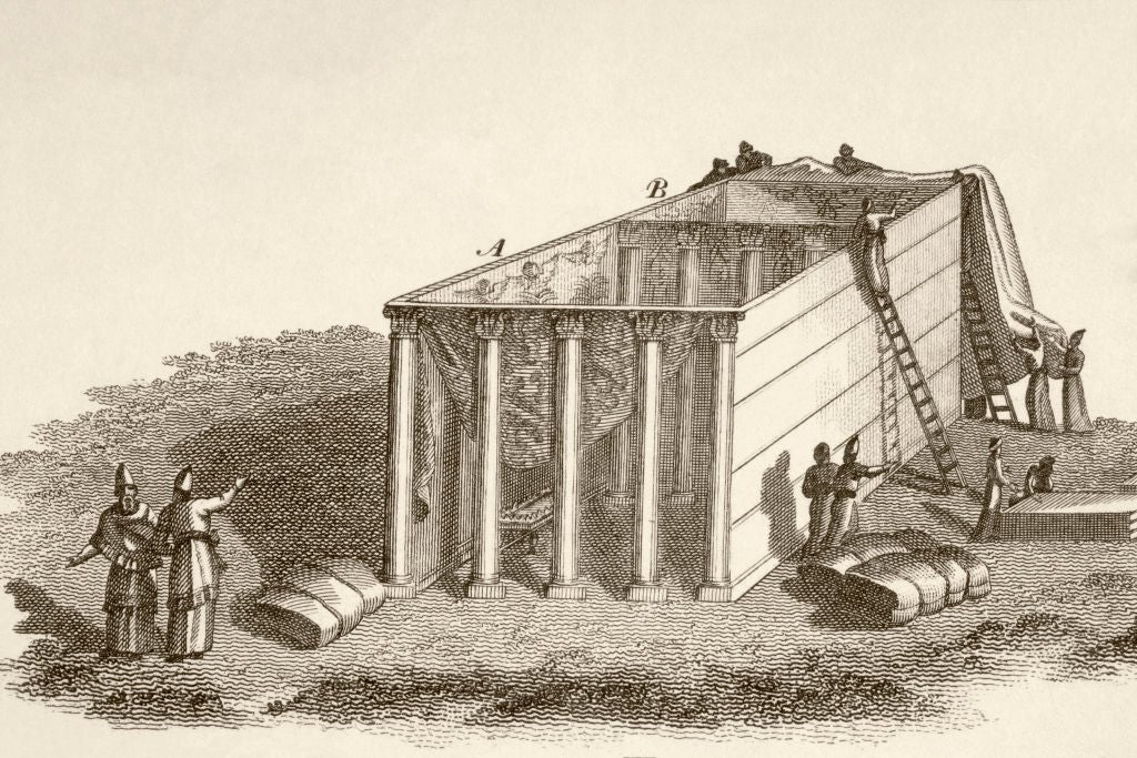 engraving of an elaborate tent in the desert