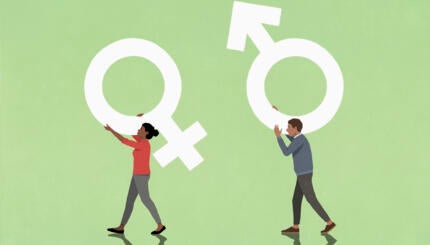 Illustrated man and woman carrying gender symbols.