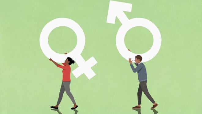 Illustrated man and woman carrying gender symbols.