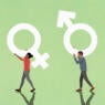 Illustrated man and woman carrying gender symbols.
