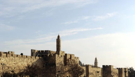 Photograph of the walls of Jerusalem with the Tower of David.