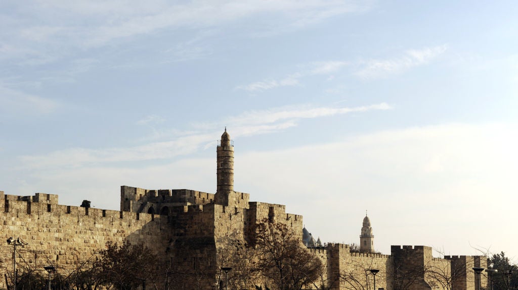 Photograph of the walls of Jerusalem with the Tower of David.