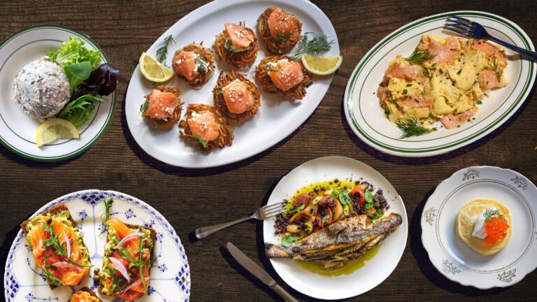 Plates of fish dishes on a table.