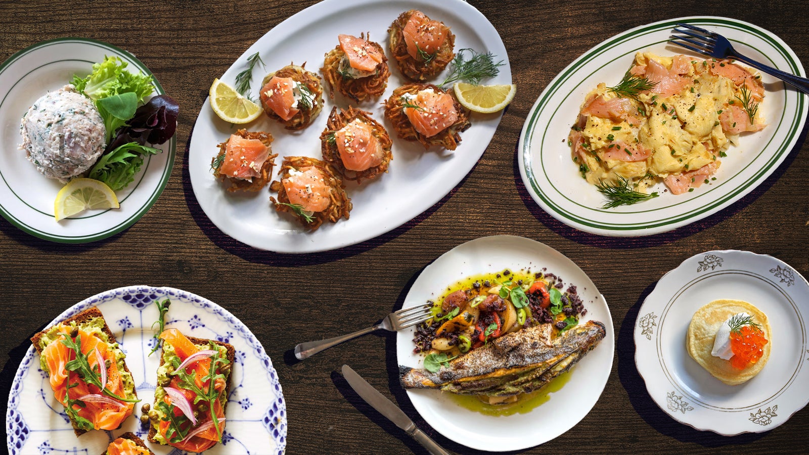 Plates of fish dishes on a table.